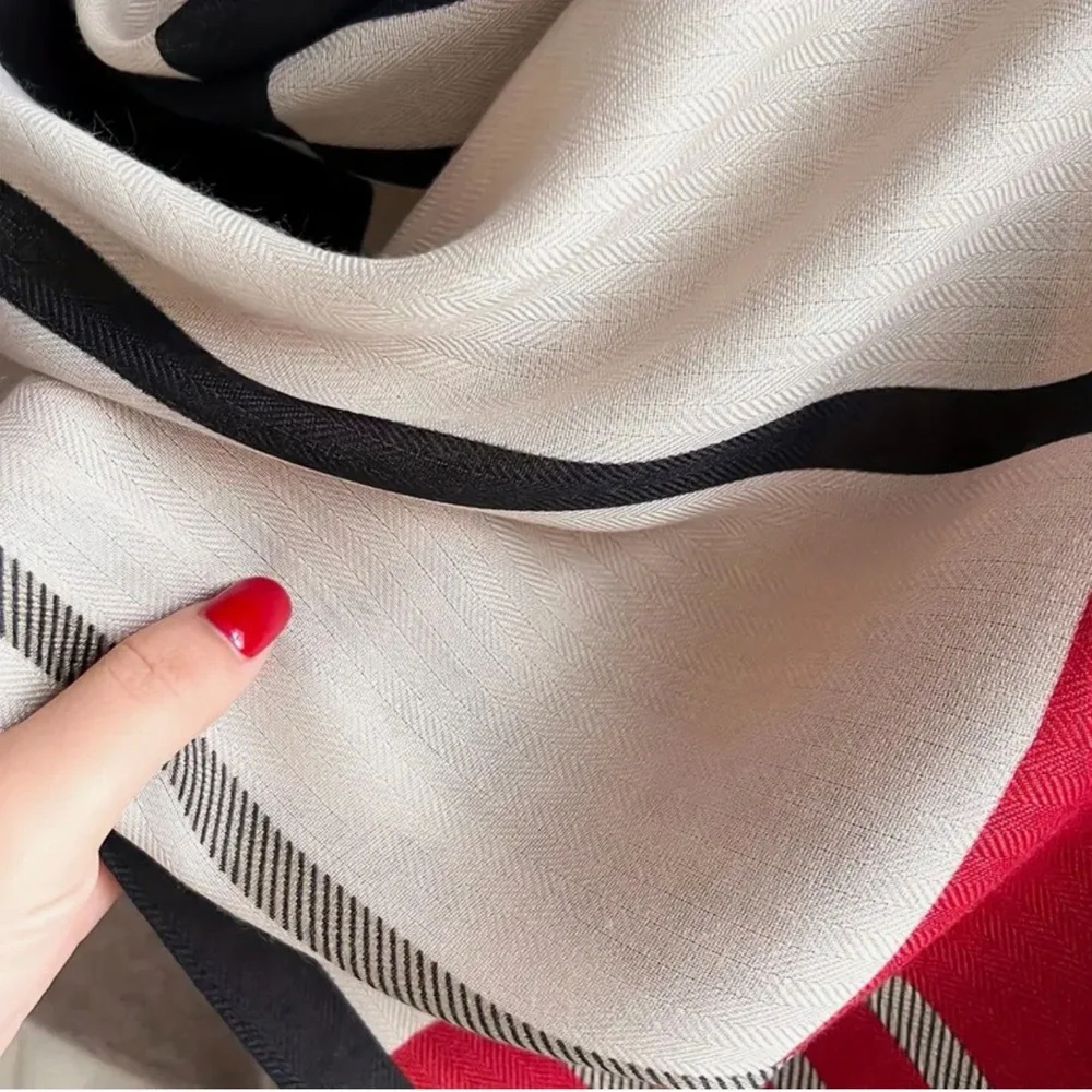 Luxurious Plaid Shawl/Scarf In Cream with Red, Gray and Black New